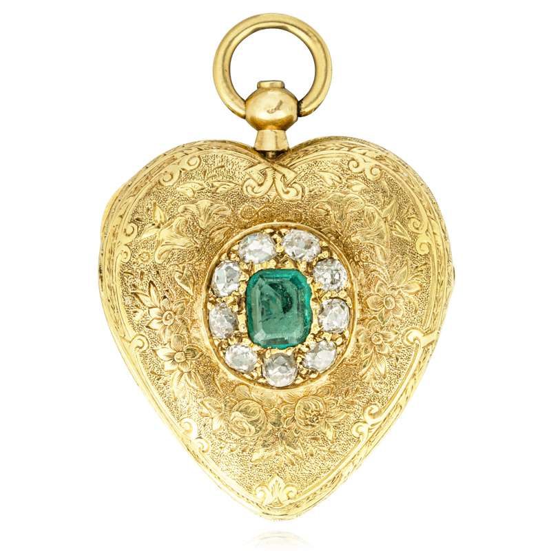 A Gold Emerald & Diamond Heart Shape Pendant Watch C1840 A Gold Emerald & Diamond Heart Shape Pendant Watch C1840